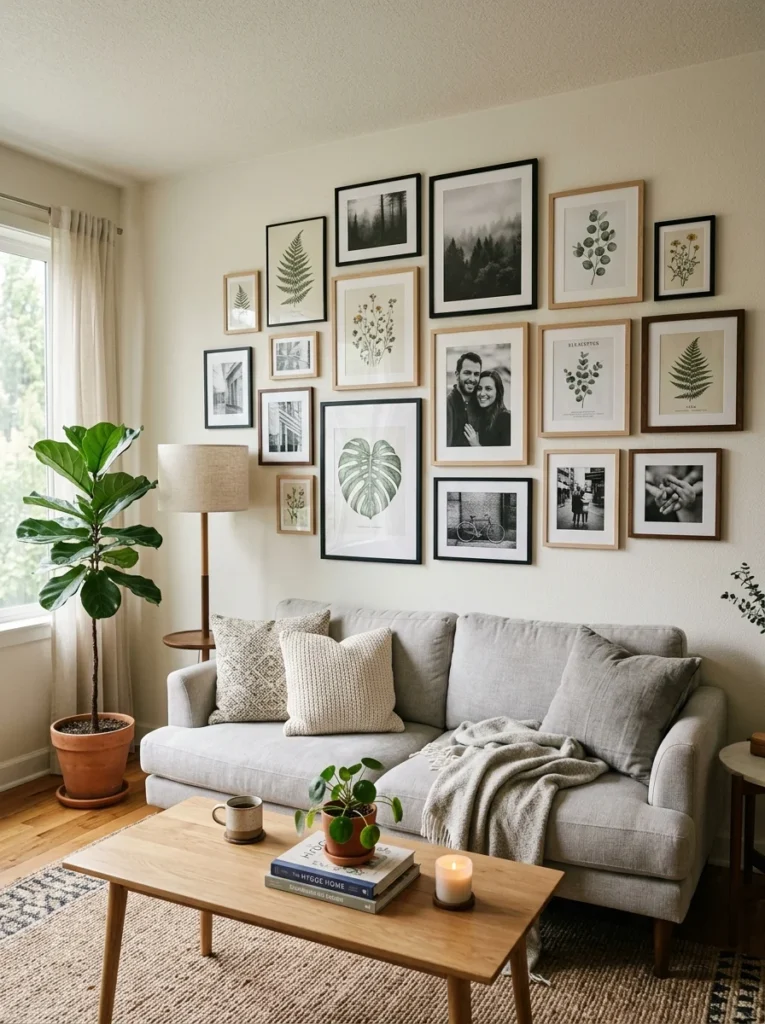 Budget-friendly gallery wall with mixed artwork and modern frame styling.