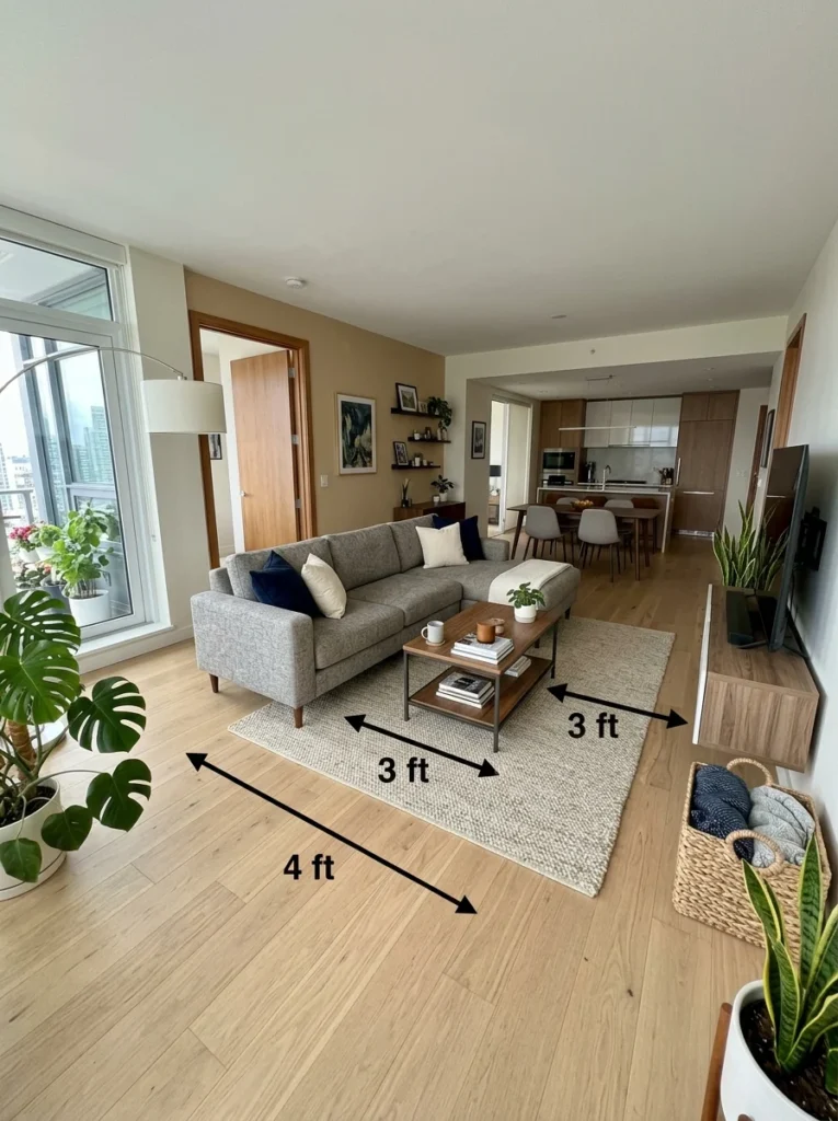 Living room with clear traffic flow and comfortable walking space.