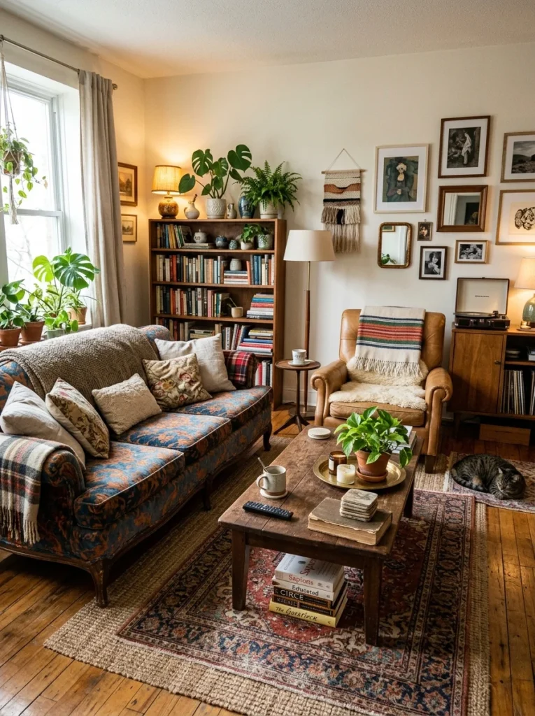 Living room refreshed using furniture and decor moved from other areas of home.