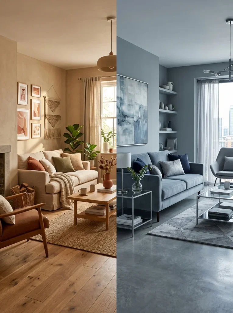 Comparison between warm and cool living room color palettes.