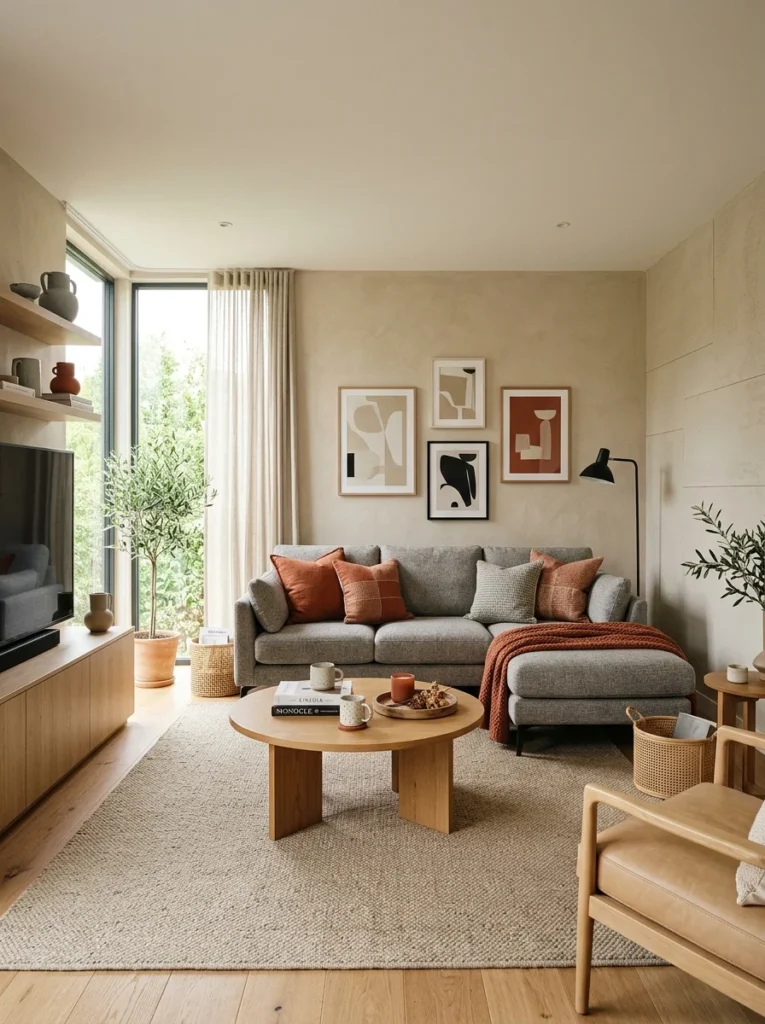 Living room demonstrating the 60-30-10 color palette rule with balanced color distribution.