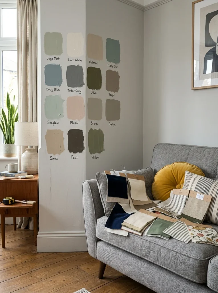 Testing living room paint swatches beside fabric and decor samples.