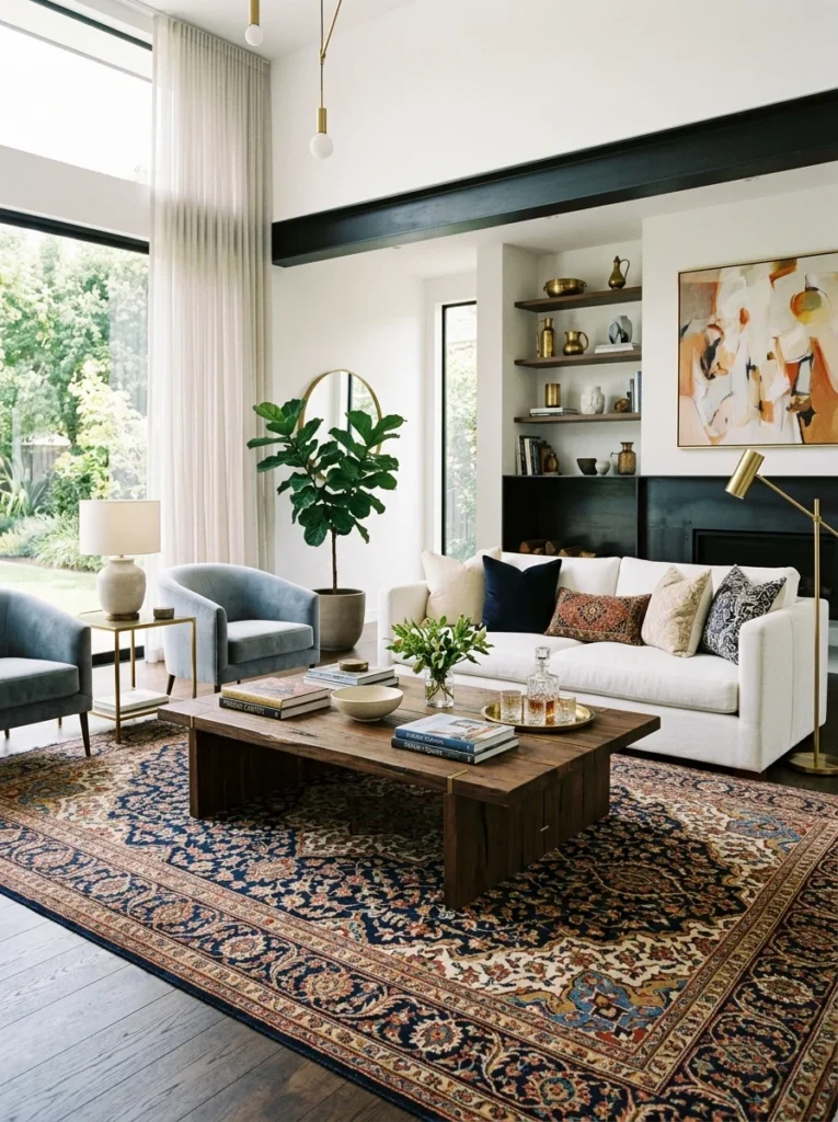 Vintage Persian rug paired with modern living room furniture