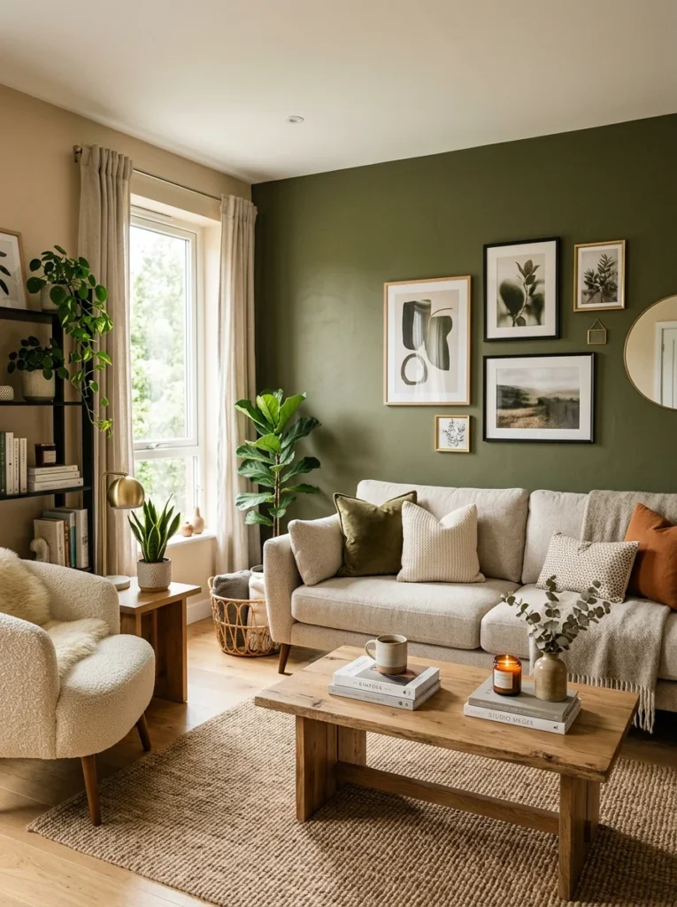 Freshly painted living room with warm neutral walls and feature wall.