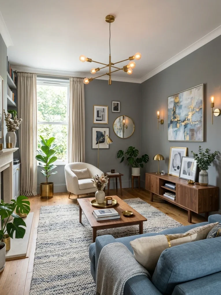 Cool grey and blue living room with brass accents and warm wood details.