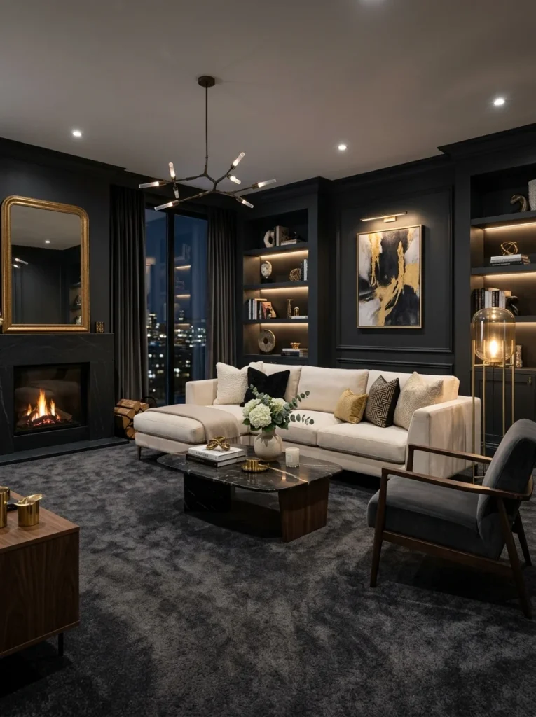 Dark moody carpet creating a dramatic living room
