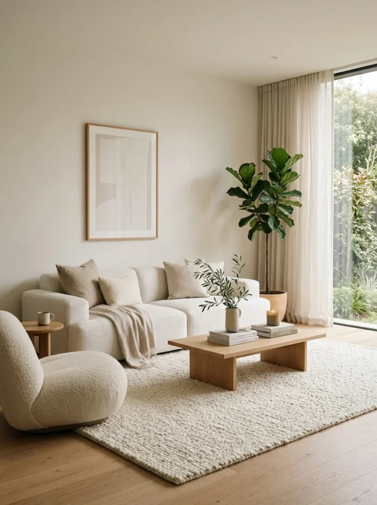 Textured solid rug adding depth to a minimalist living room
