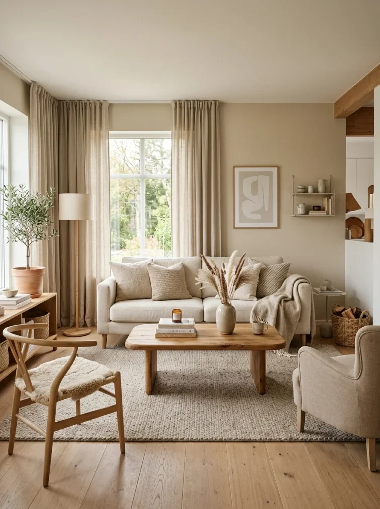 Warm neutral living room with cream sofa and layered natural textures.