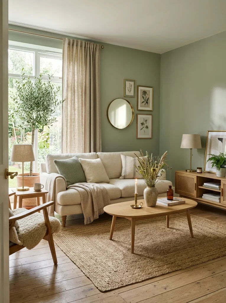 Soft sage green living room with cream furniture and natural wood accents.