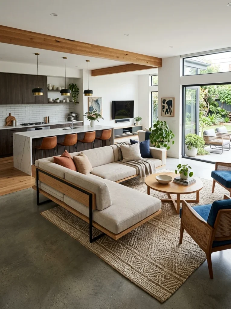 Open-plan living room with floating sofa defining seating area.