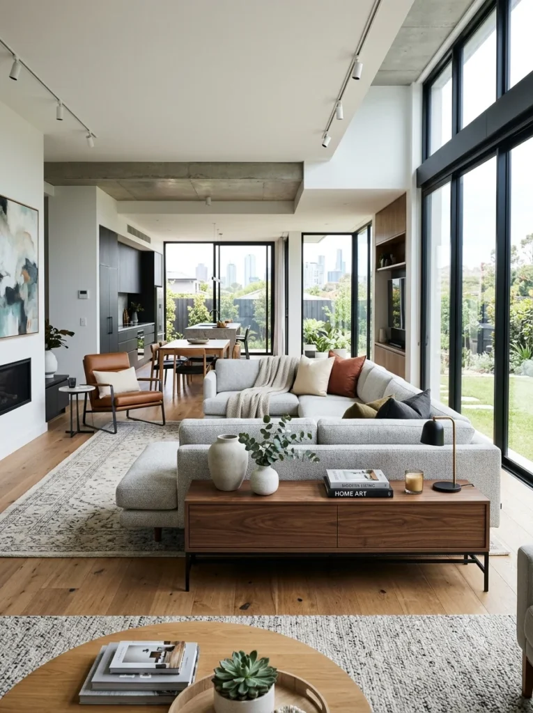 Floating sofa arrangement creating open balanced living room layout.