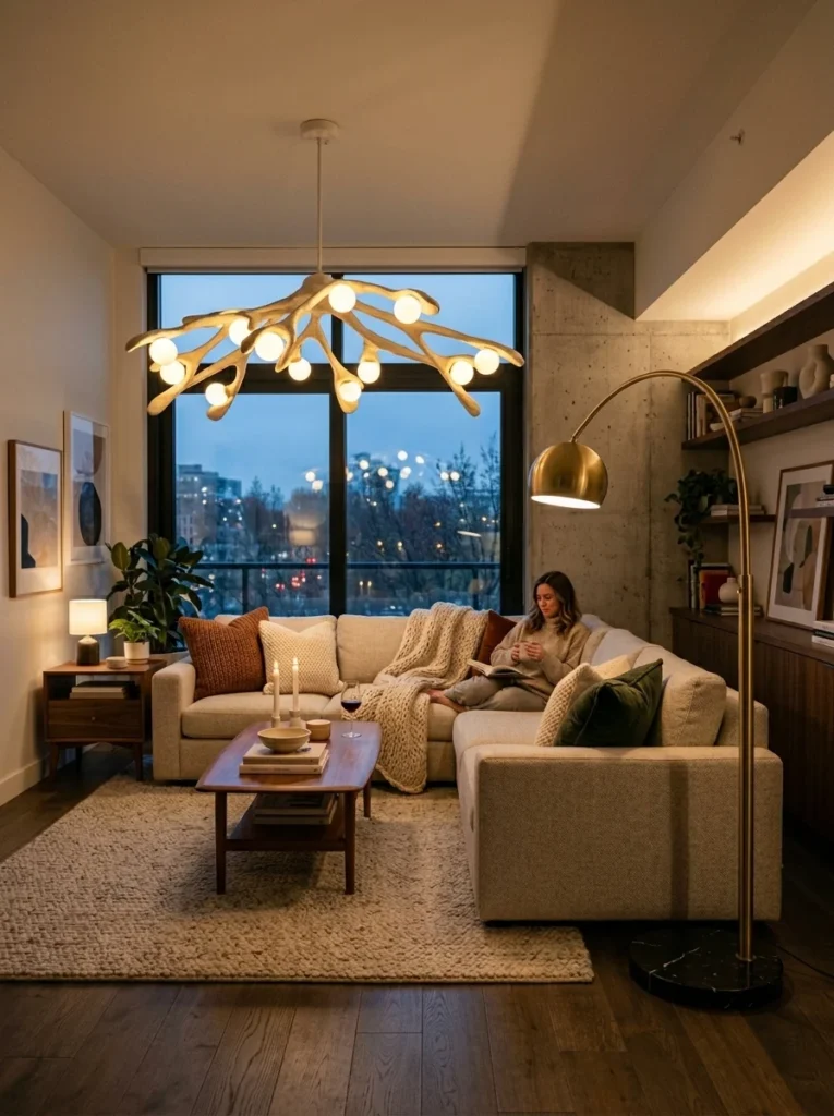 Statement floor lamp anchoring stylish budget-friendly living room.