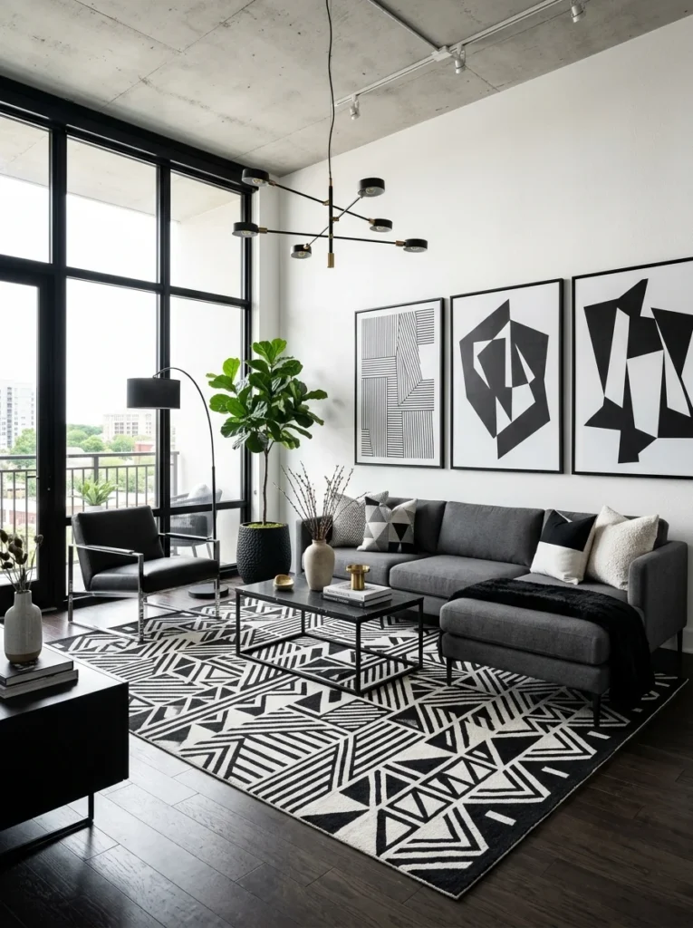 Bold geometric patterned rug in a contemporary living room