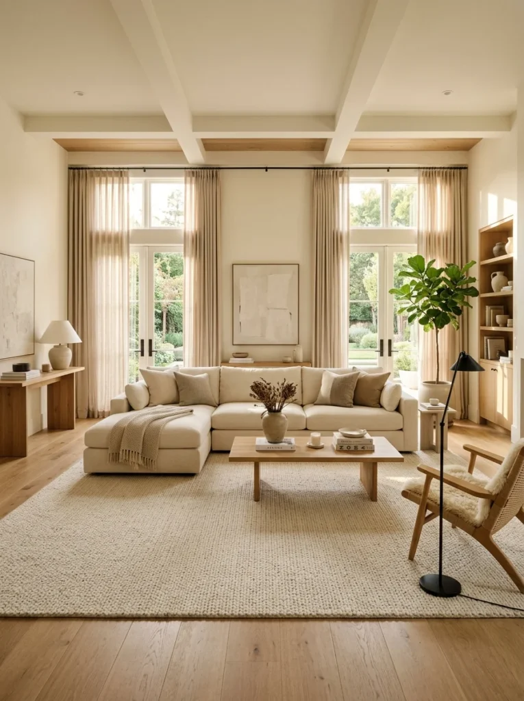 Oversized neutral rug anchoring a modern living room