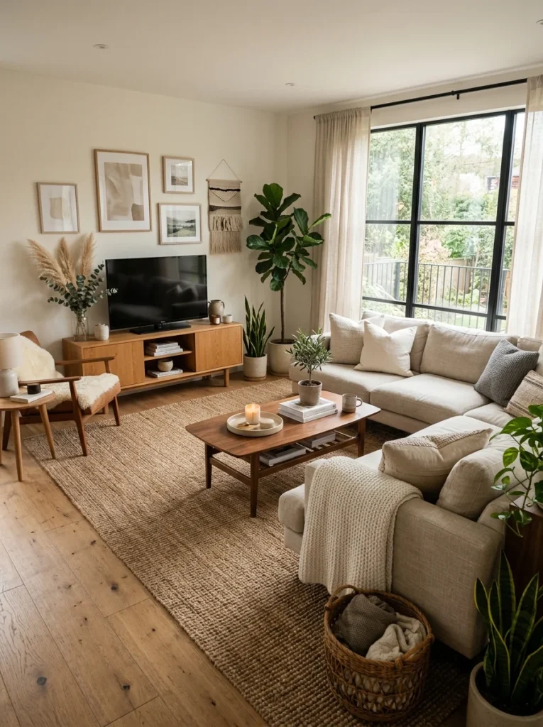 Large neutral rug anchoring living room seating arrangement.