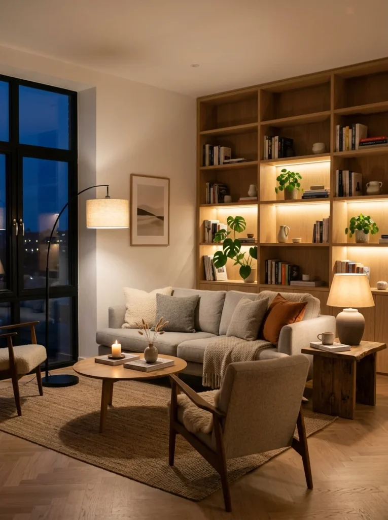 Layered living room lighting with floor and table lamps creating cozy evening atmosphere.