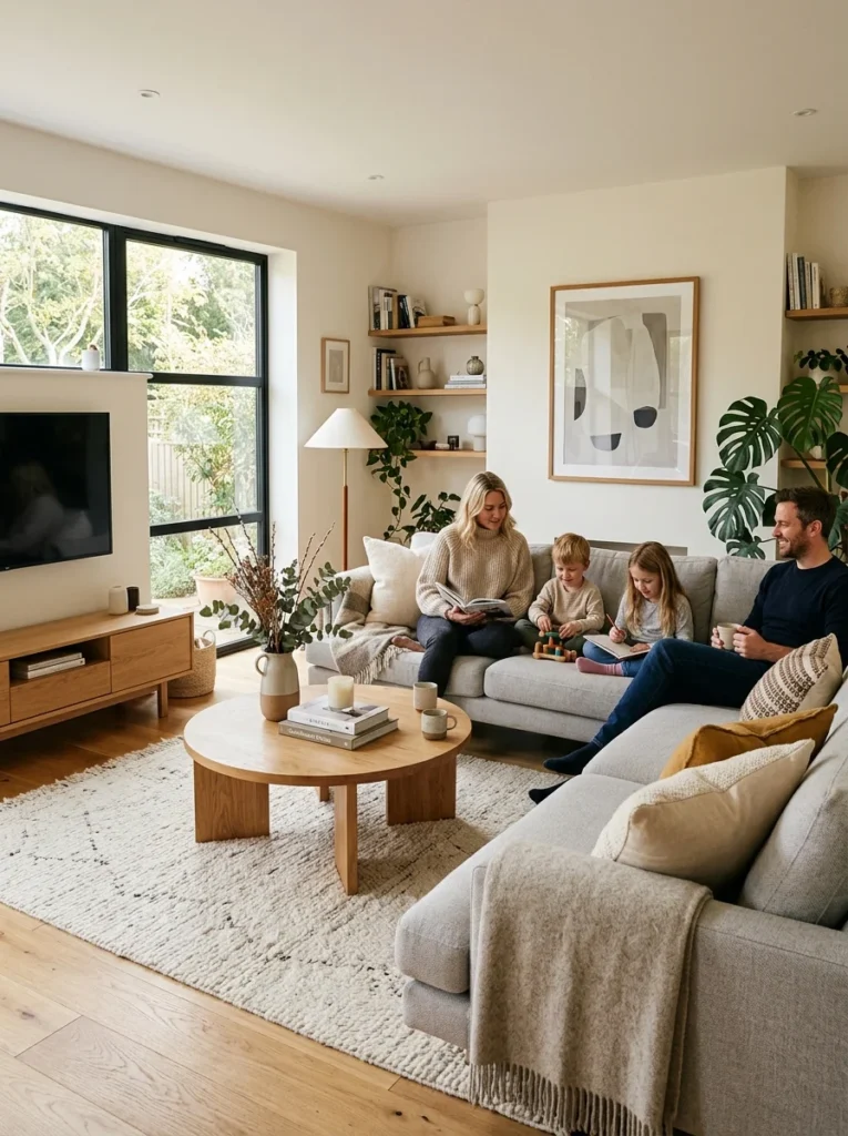 L-shaped sectional sofa layout in modern family living room.