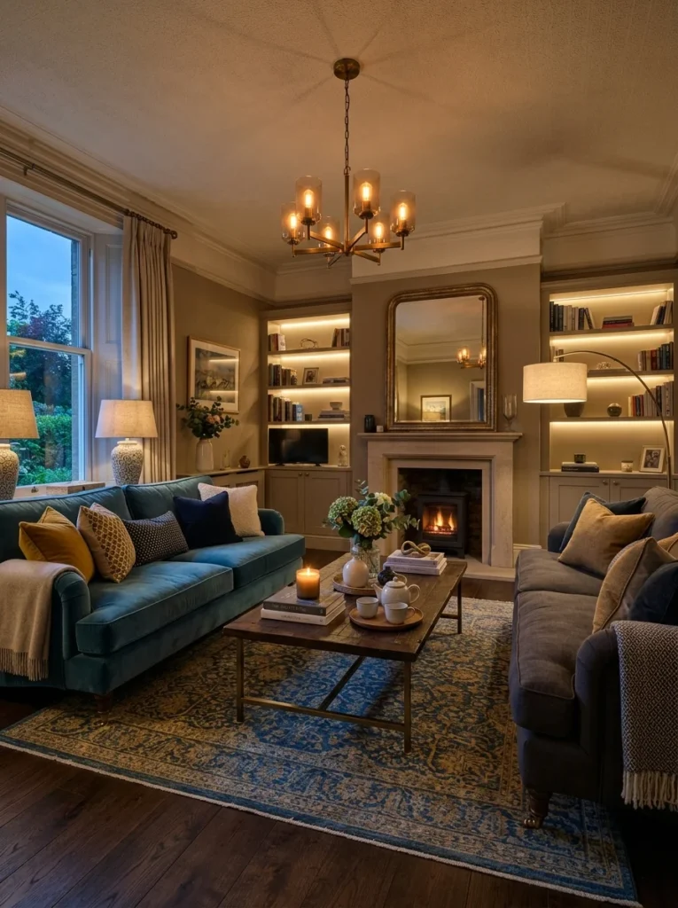 Conversation-focused living room with sofas facing each other around coffee table.