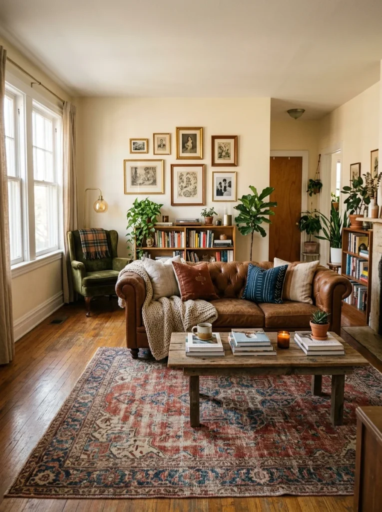Natural jute rug adding warmth and texture to living room.