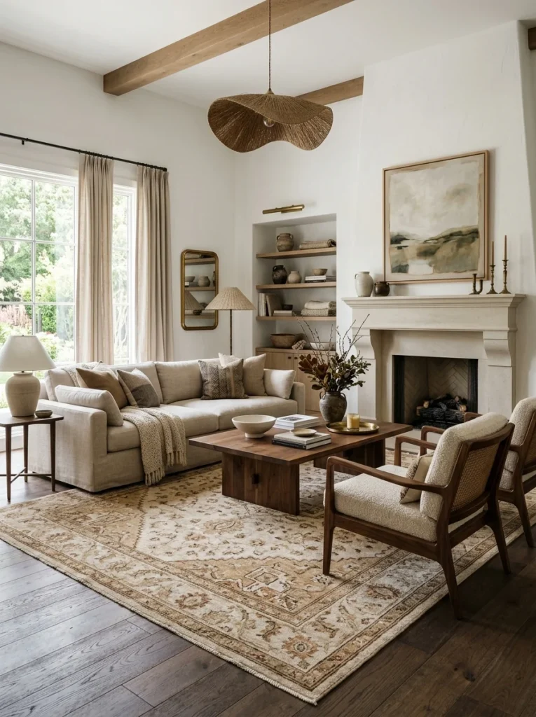 Handwoven wool carpet in a stylish living room