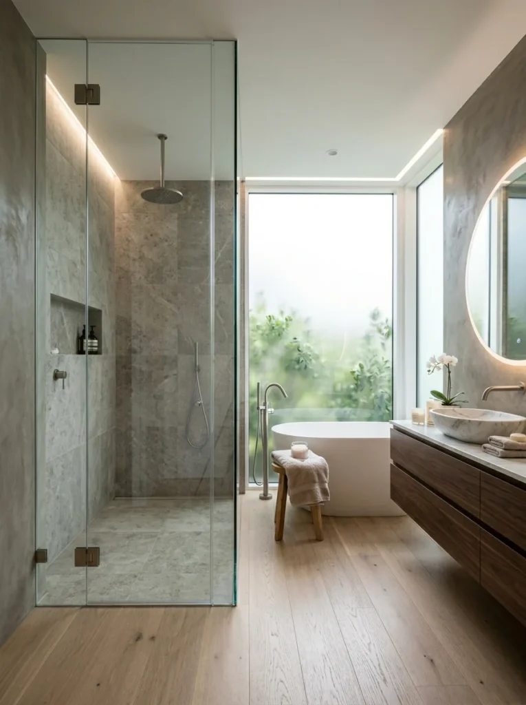 Full-height frameless shower screen making bathroom feel taller.