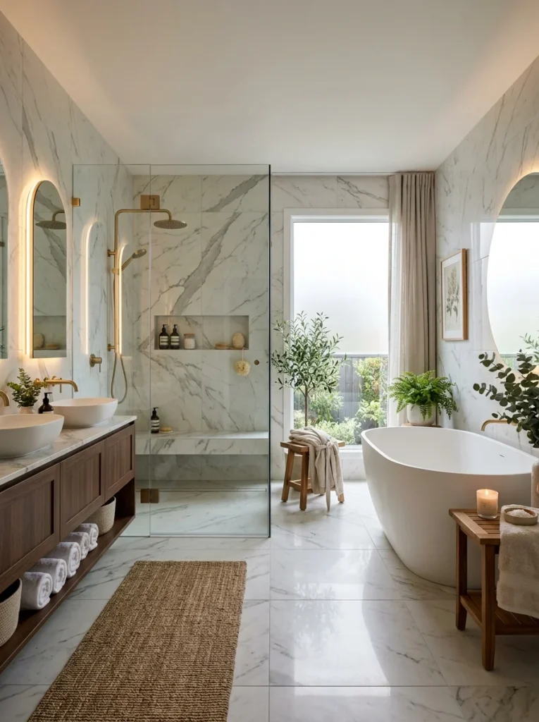 Luxury bathroom with large-format porcelain marble-look tiles.