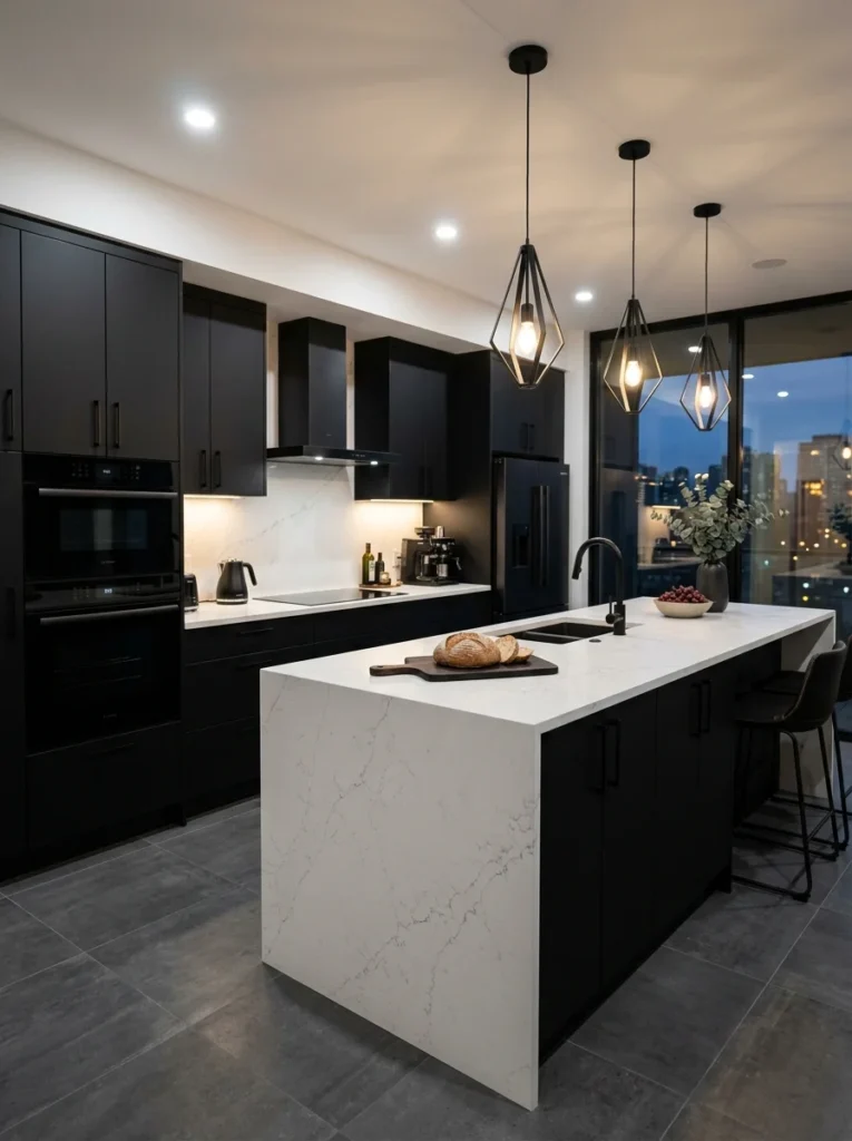 Black kitchen cabinets with white countertops and dramatic modern styling.