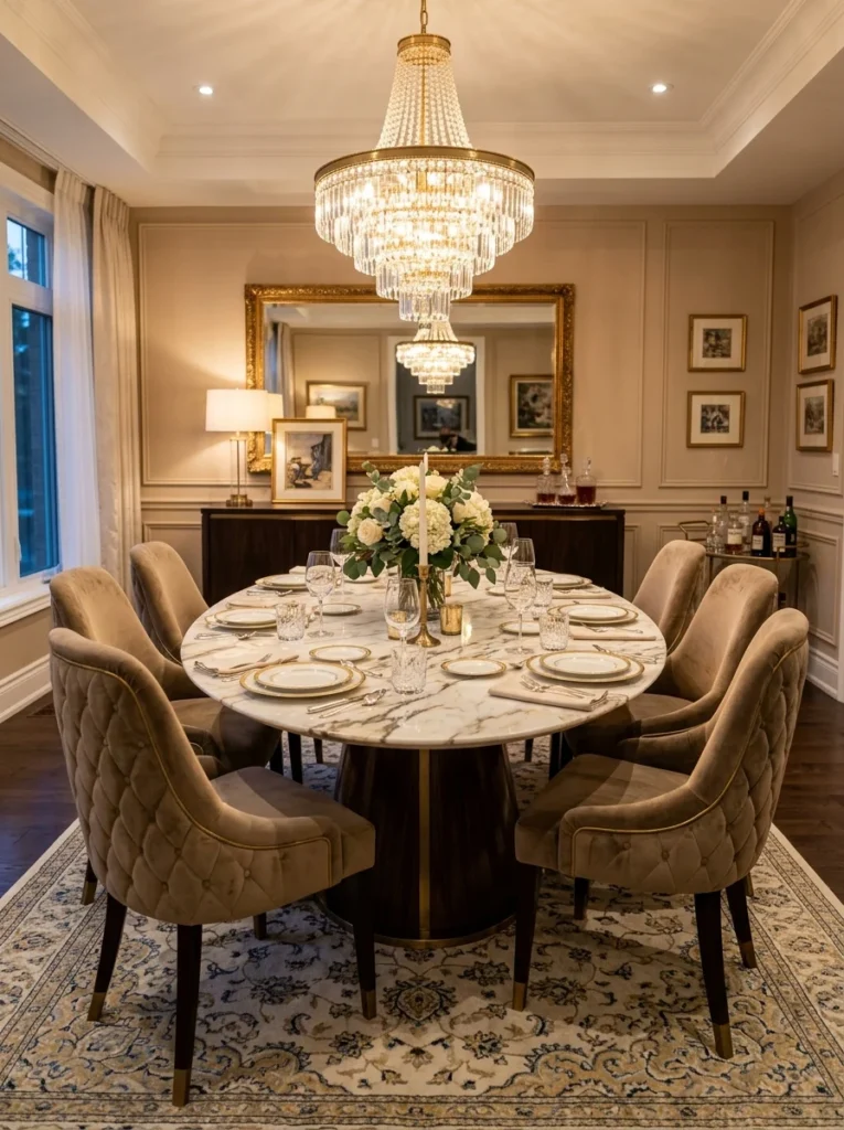Elegant marble dining table in luxury modern dining room.