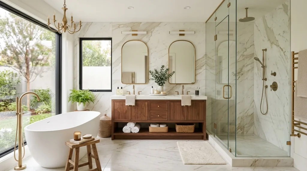 Luxury master bathroom with freestanding tub, double vanity, walk-in shower, and spa-inspired modern decor.