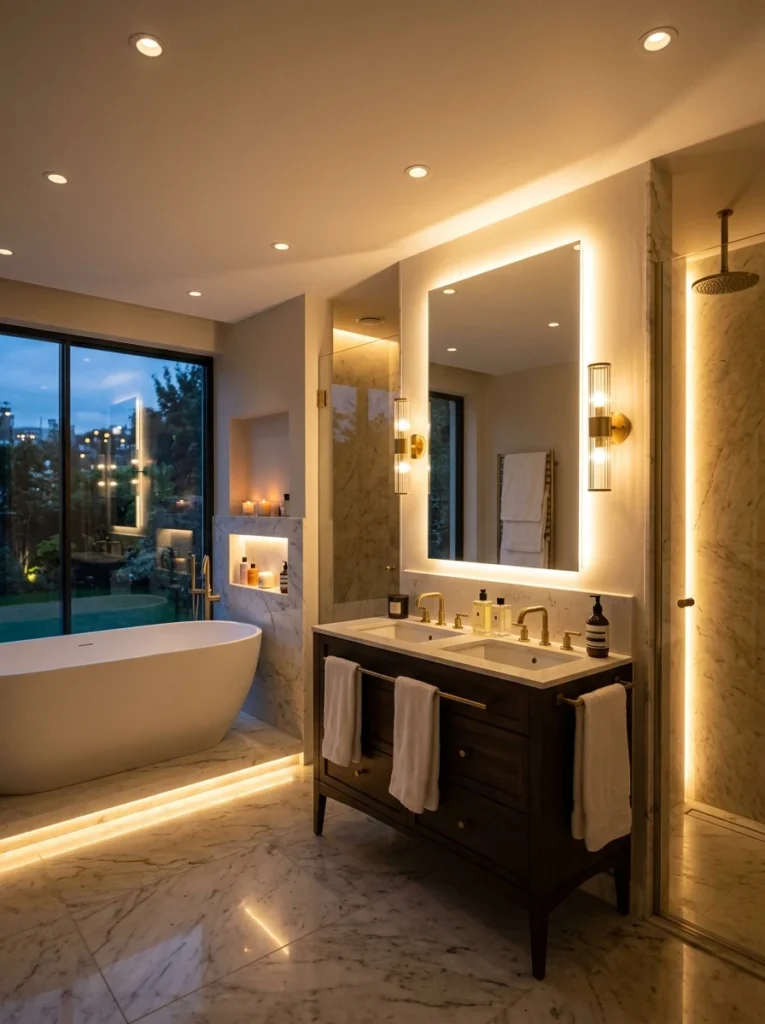 Layered lighting in luxury master bathroom with sconces and LED mirrors.