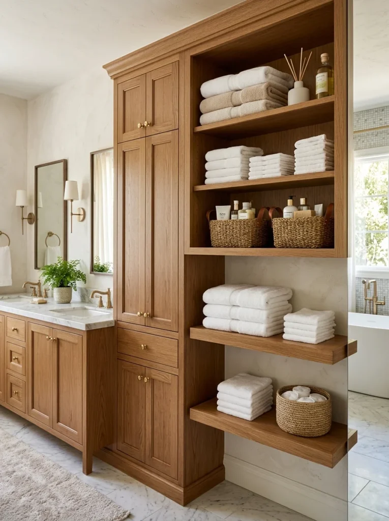 Master bathroom storage with linen cabinet, floating shelves, and organized towels.
