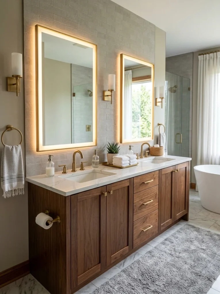 Double vanity with quartz countertop and backlit mirrors in luxury master bathroom.