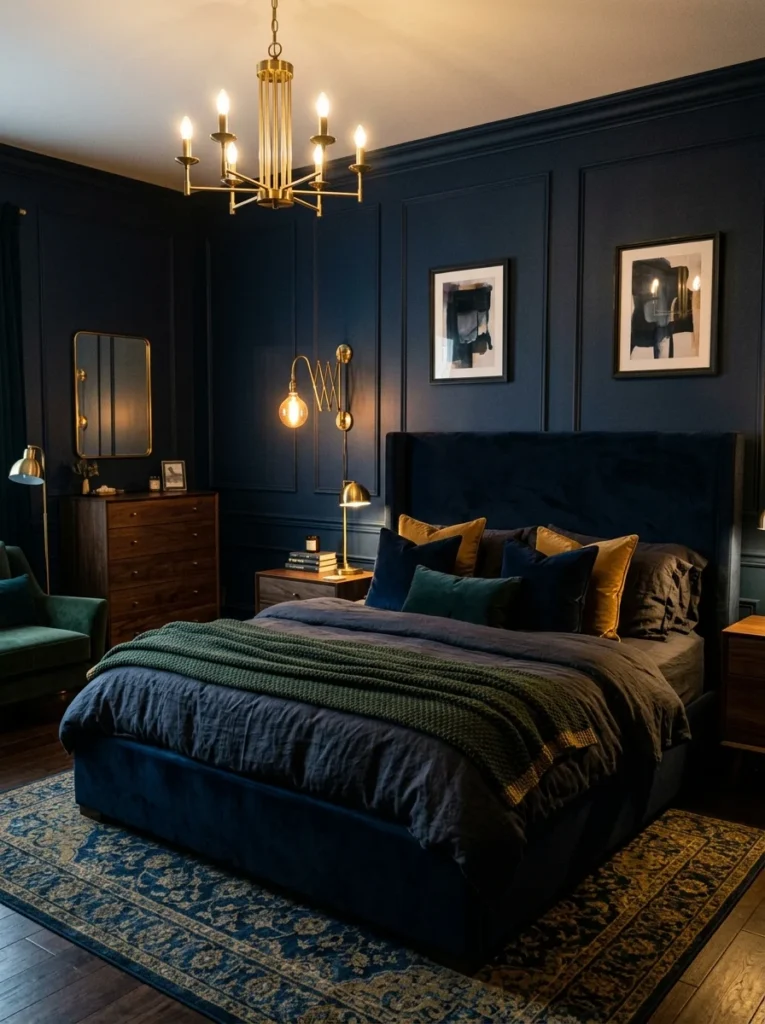 Moody navy bedroom with brass accents and layered luxury textures.