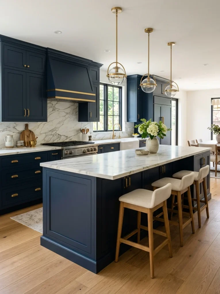 Sage green kitchen cabinets with oak countertops and brass hardware.