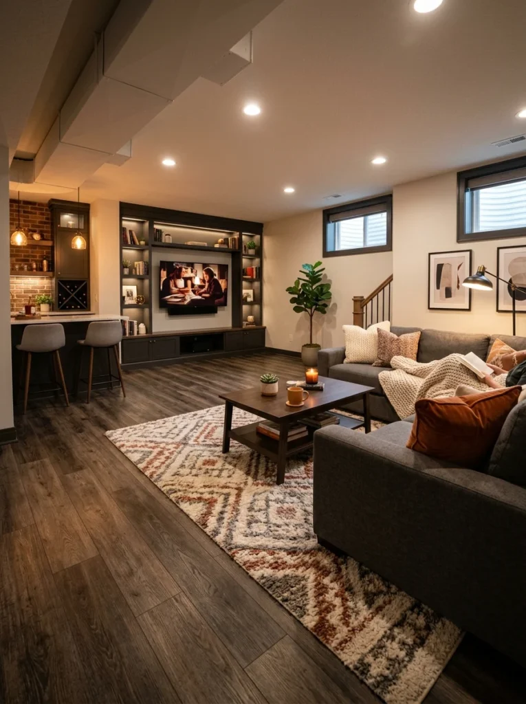 Luxury vinyl plank flooring in cozy finished basement living room.