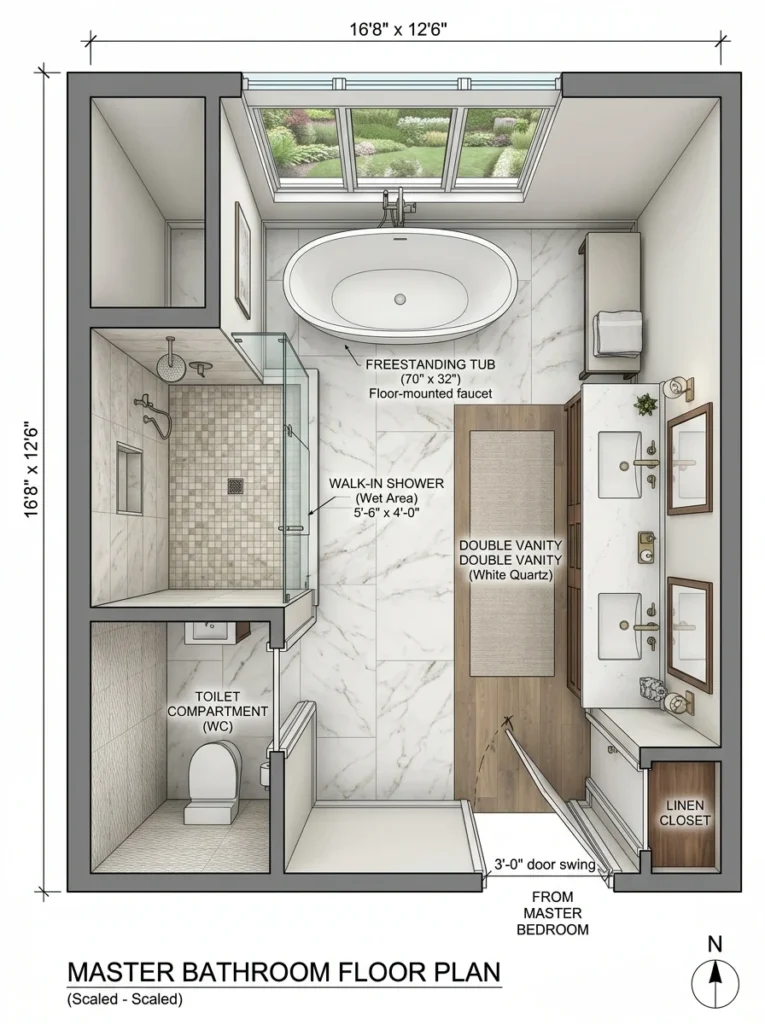 Master bathroom layout with freestanding tub, double vanity, and walk-in shower.