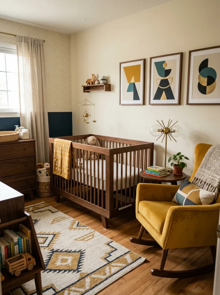 Mid-century modern nursery with walnut furniture and retro decor.