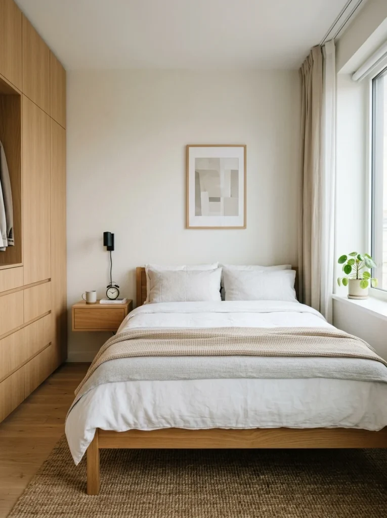 Decluttered small bedroom with clean organized surfaces and calming decor.