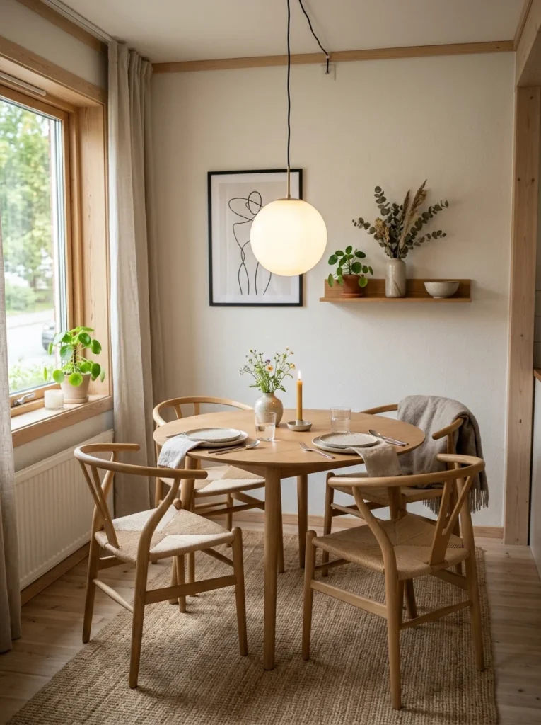 Minimal single pendant light in modern compact dining room.