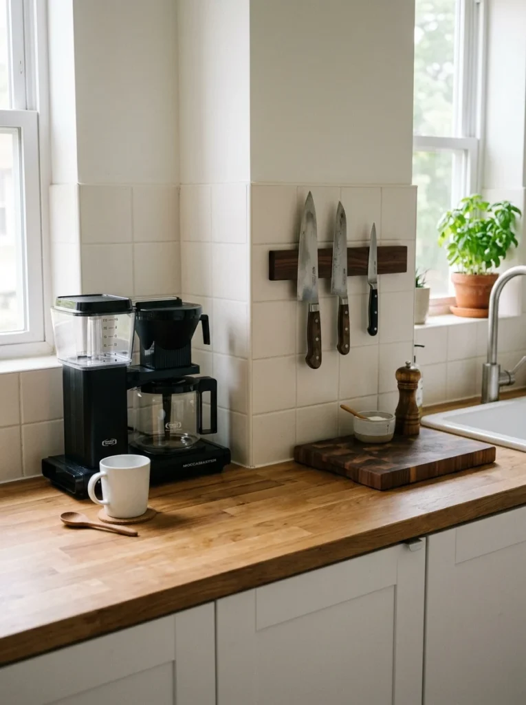 Decluttered kitchen counter with only essential daily-use appliances.