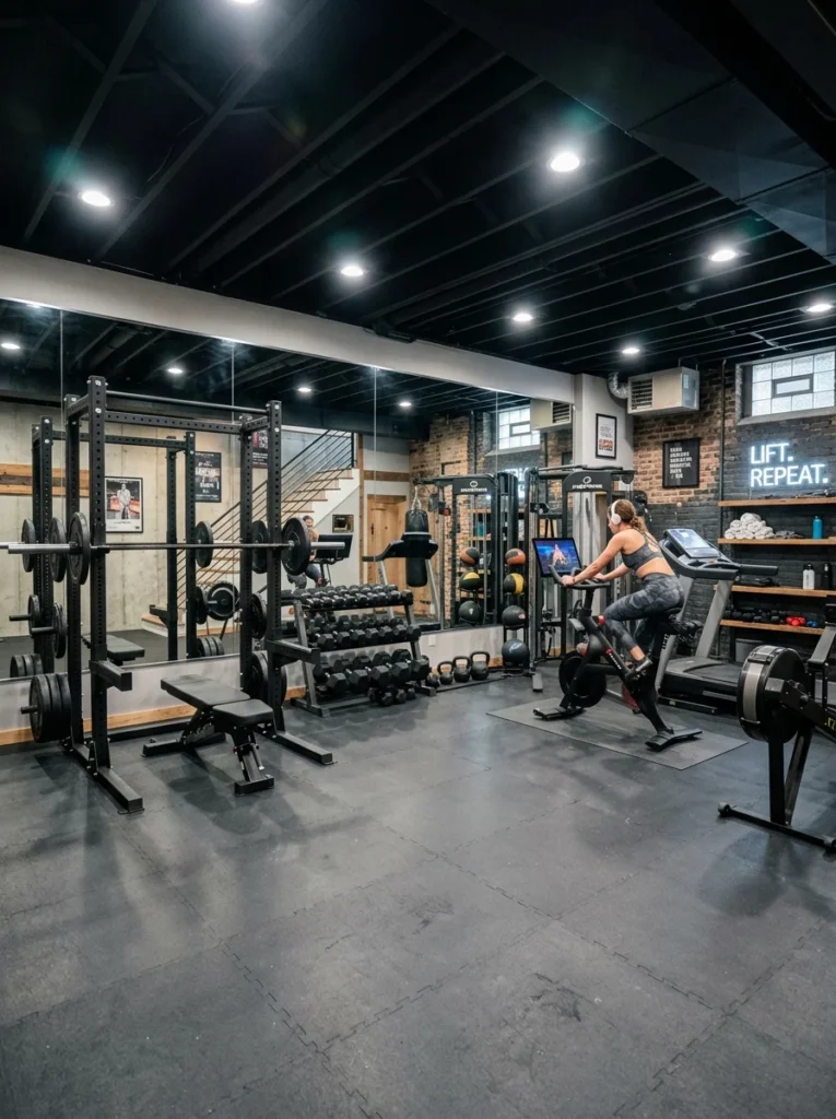 Modern basement home gym with workout equipment and rubber flooring.