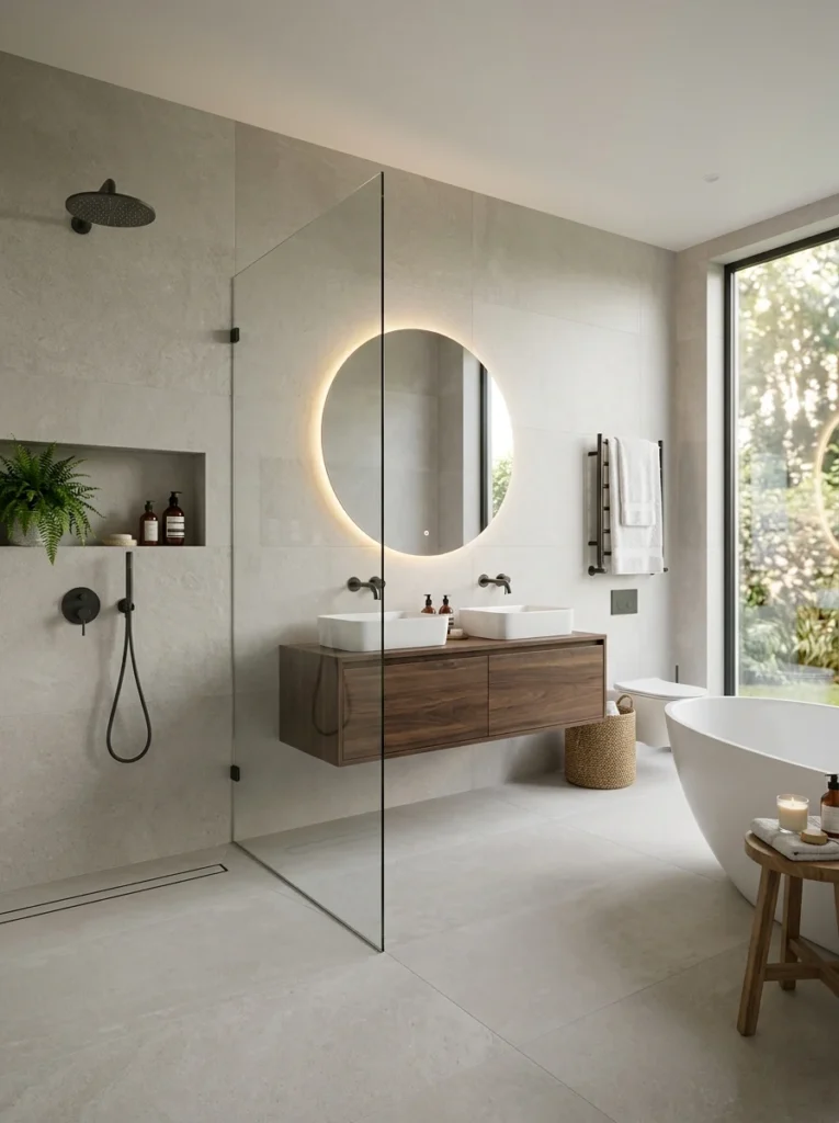 Large-format bathroom tiles creating seamless spacious look.