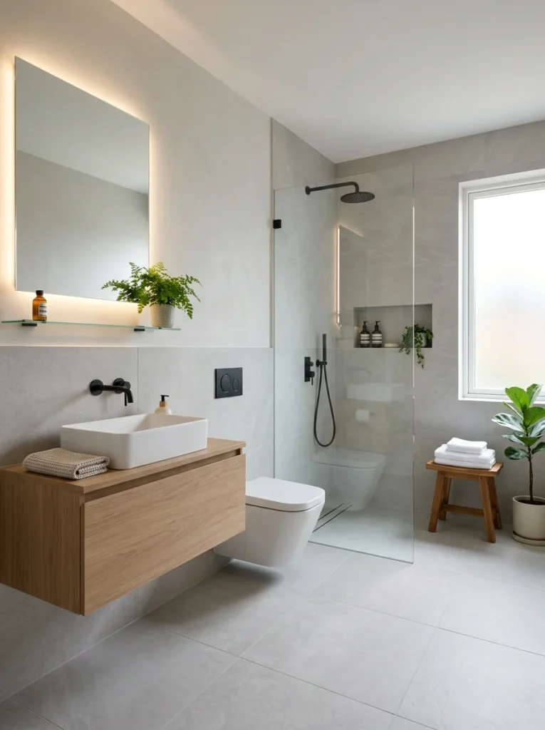 Wall-hung toilet creating more visible floor space in small bathroom.