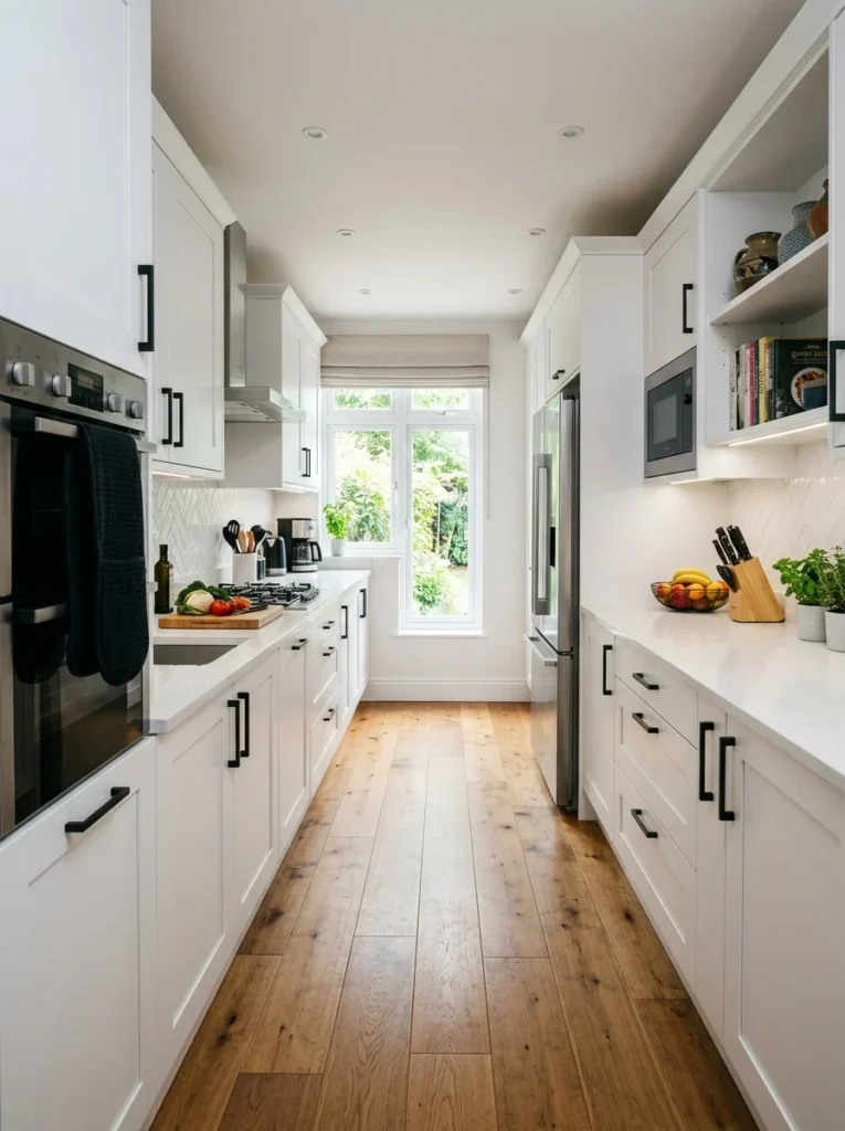 L-shaped kitchen with corner workspace and open-plan design.