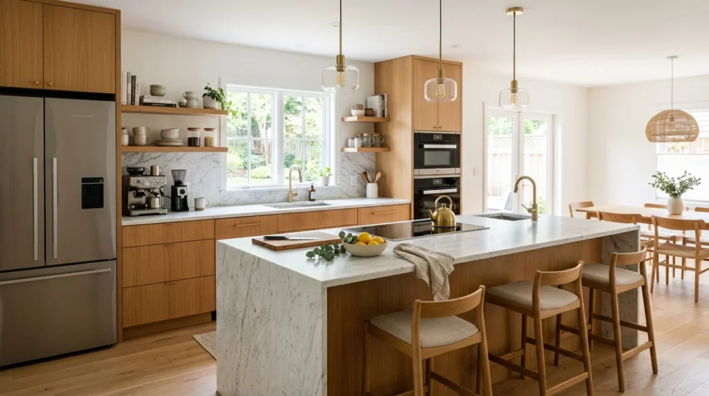 Modern kitchen with island layout, warm wood cabinets, and open-plan Scandinavian design.