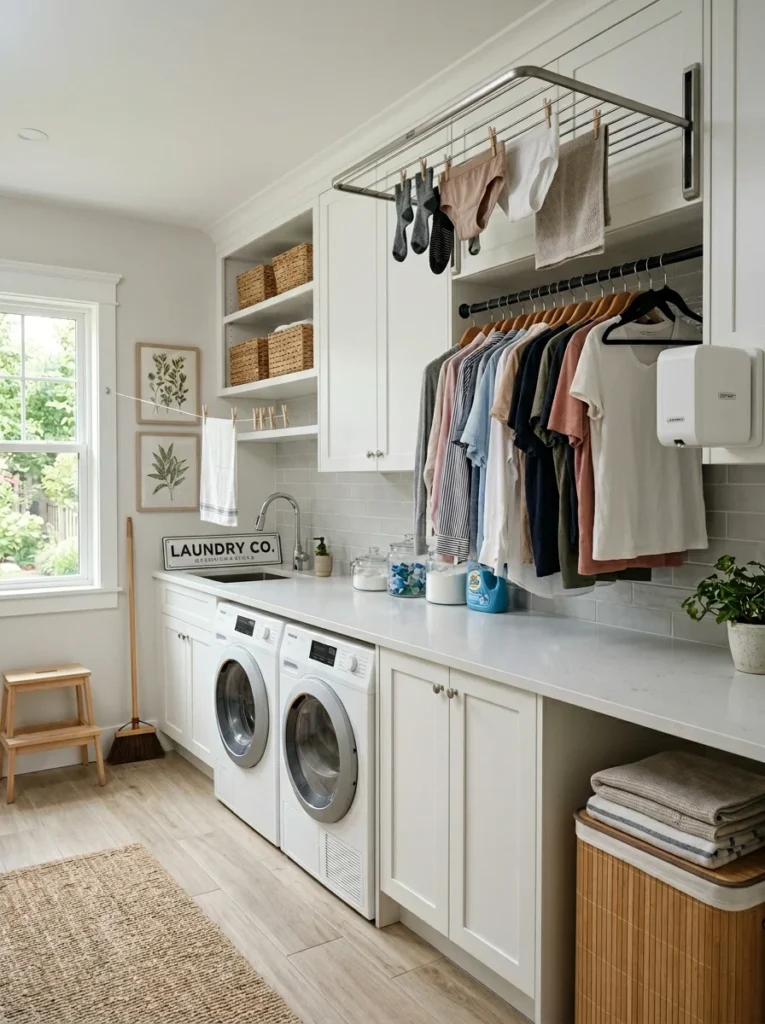 Laundry room with retractable clothesline and wall-mounted drying rack.