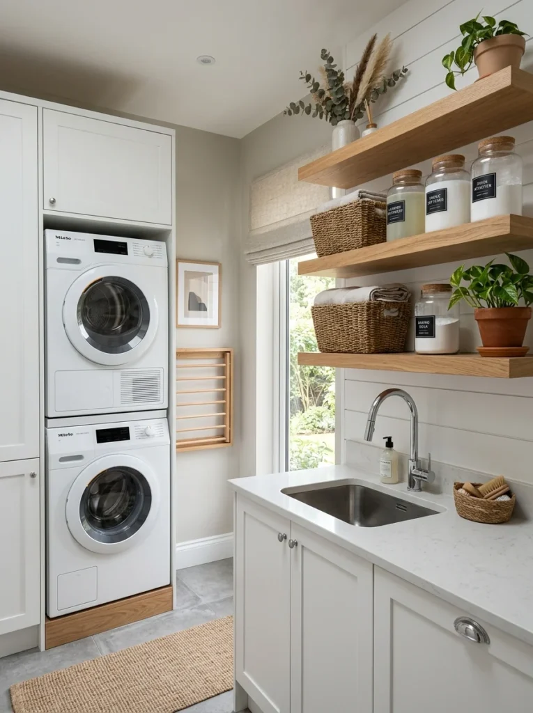 Open floating shelves with organized detergent jars in modern laundry room.
