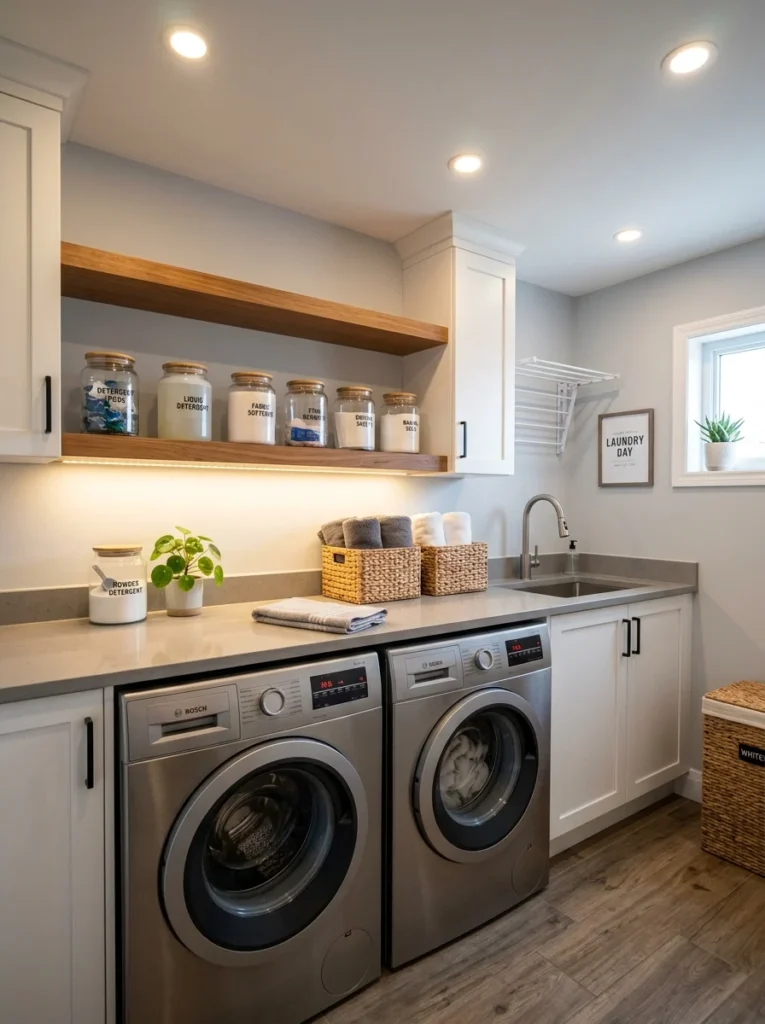 Small laundry room with recessed lights and LED shelf lighting for better visibility.