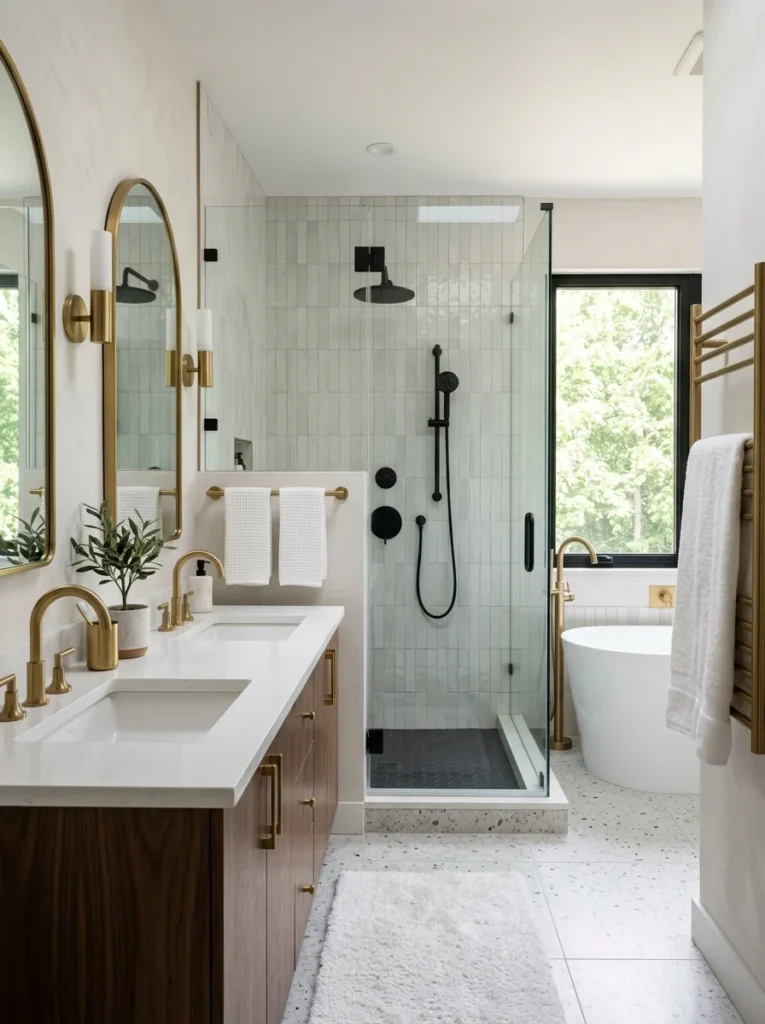Luxury bathroom fixtures and hardware in brushed brass and matte black finishes.