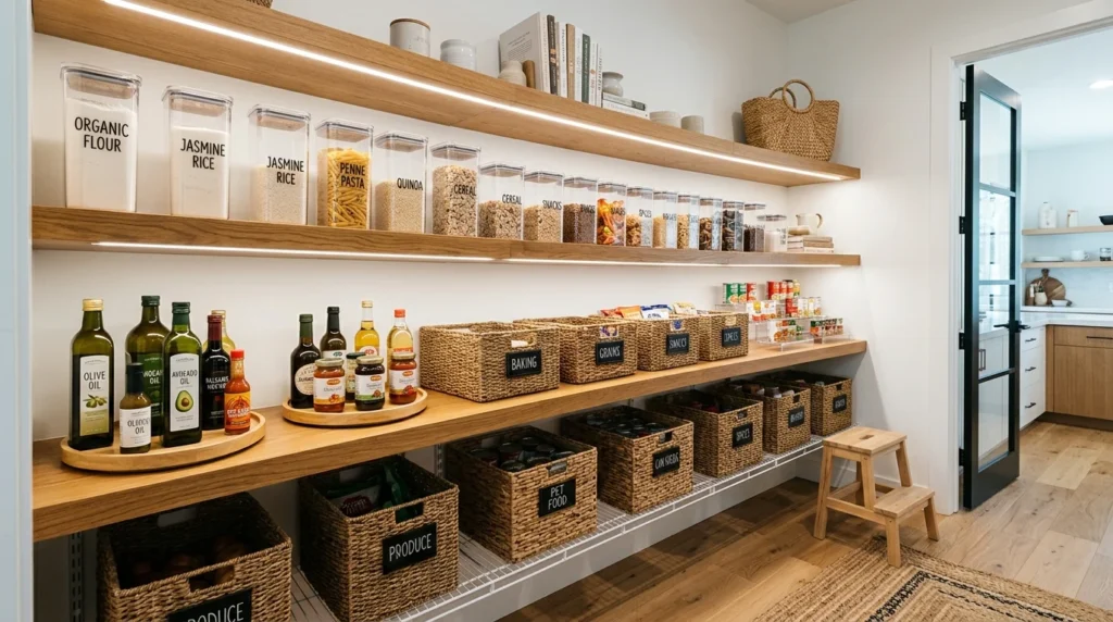 Beautiful organized pantry with clear containers, labeled baskets, floating shelves, and modern pantry organization.
